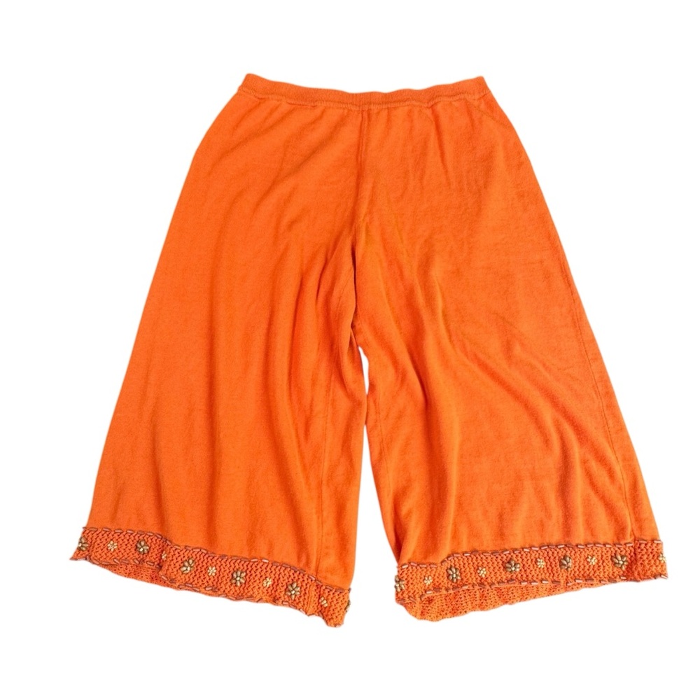 Orange Wide-Leg Cropped Pants with Embellished Hem